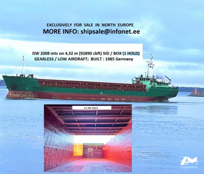Gen. cargo Ship exclusively for sale DW 2008,DWCC ab 1700, SID/BOX, Blt. Germany 1985