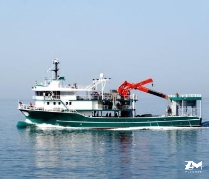 Thonier senneur neuf coque acier de 42 x 15 m moteurs 4500 CV avec 2 grues et 2 petits bateaux annexes en acier